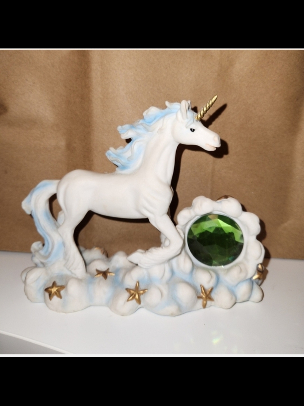 White Unicorn Figurine with Green Gem